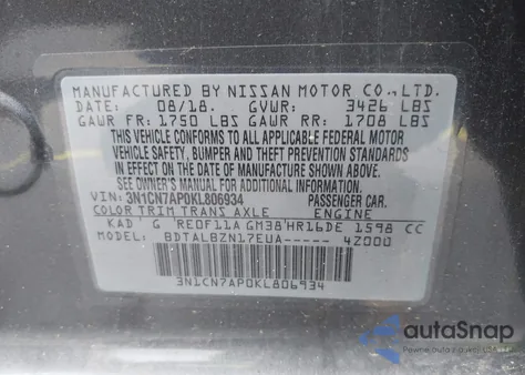 2019 Nissan Versa 1.6 Sv z USA, uszkodzony, nr VIN 3N1CN7AP0KL806934